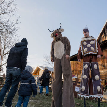 Stelzenläufer in Rentier- und Lebkuchenmann-Kostüm beim Weihnachtsevent von Sonnenland Alpakas Stelzenläufer in Rentier- und Lebkuchenmann-Kostüm beim Weihnachtsevent von Sonnenland Alpakas